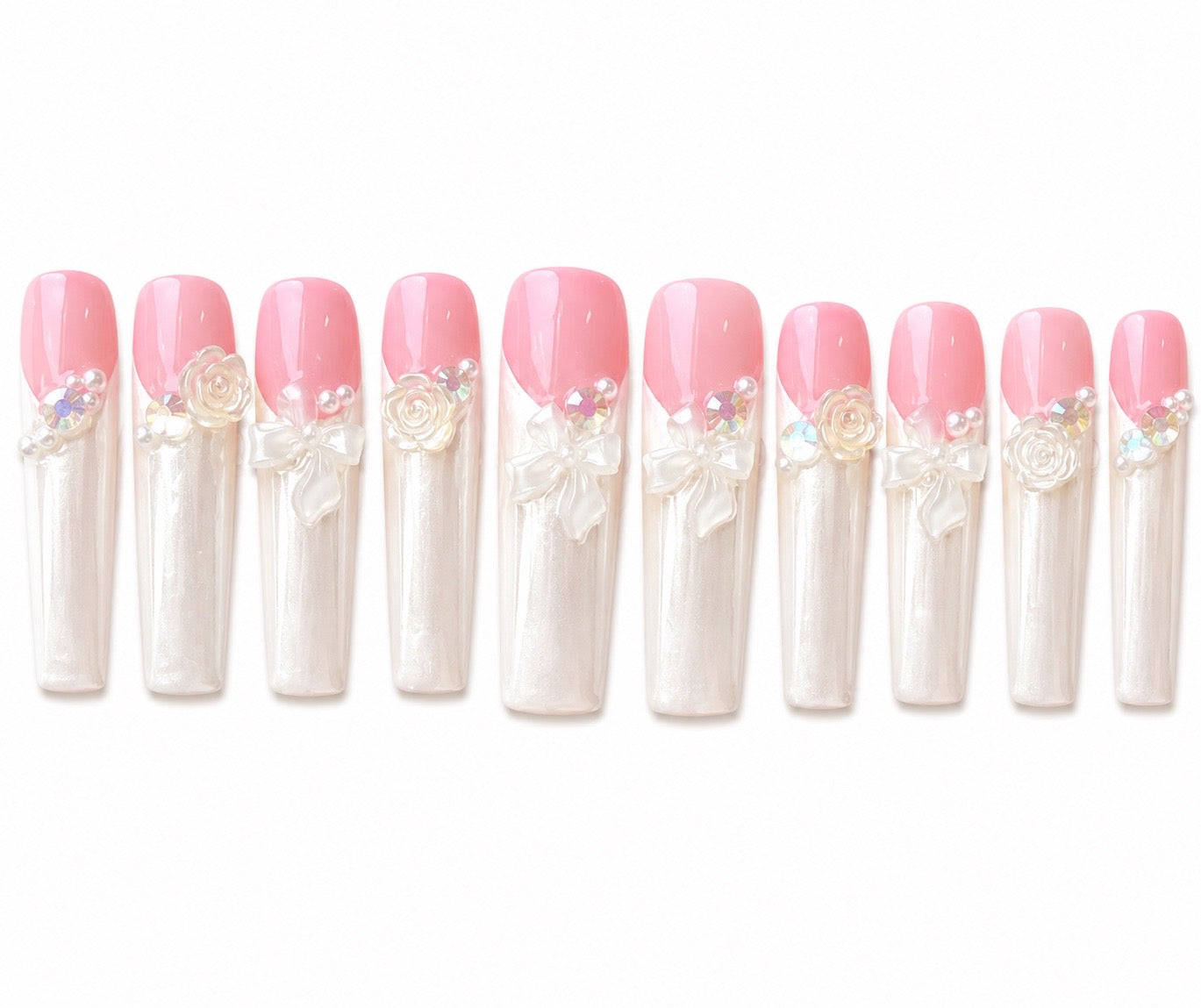 Bridal Bae– Extra Long Square 3D Floral French Handmade Press on Nails
