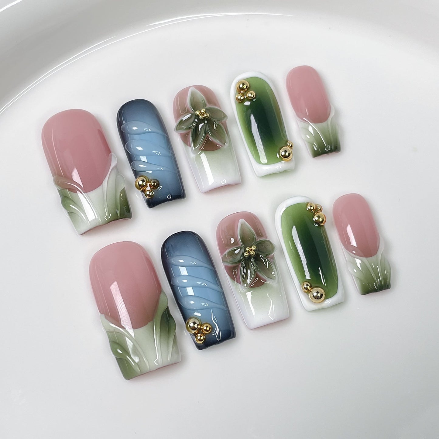 Sage- Medium Length Square French 3D Press On Nails