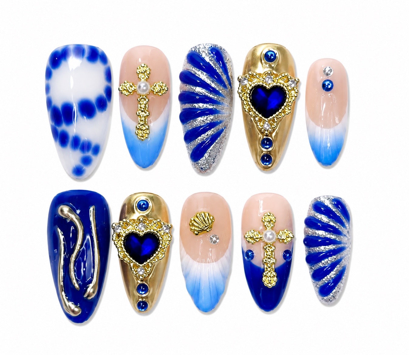 Royal -Blue Ombré Heart Charms Press On Almond Nails