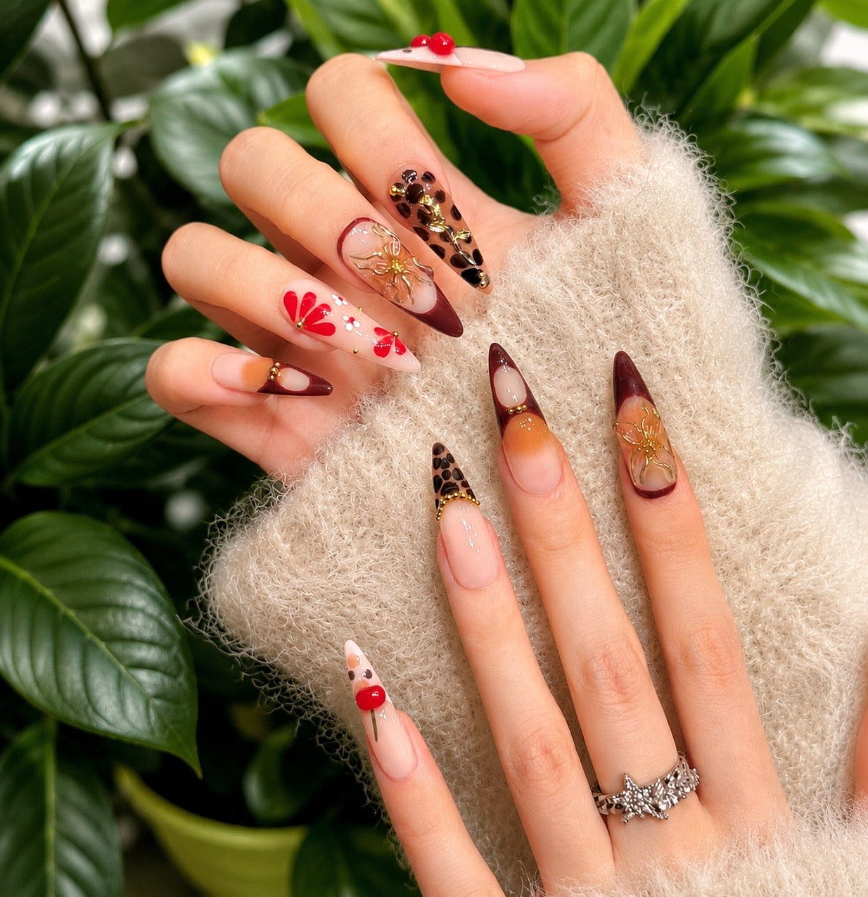 Demi - Cherry Leopard Animal Print Press On Stiletto Nails
