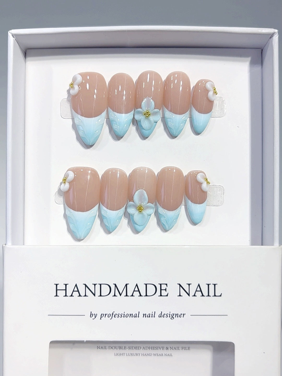 Ocean Breeze: "Blue Floral French" – Almond Press-On Nail