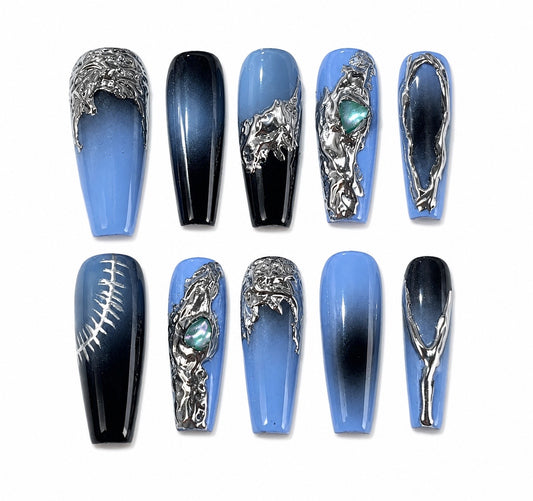 Nova Chrome- 
Airbrushed Long Nails Metallic Press On Nails