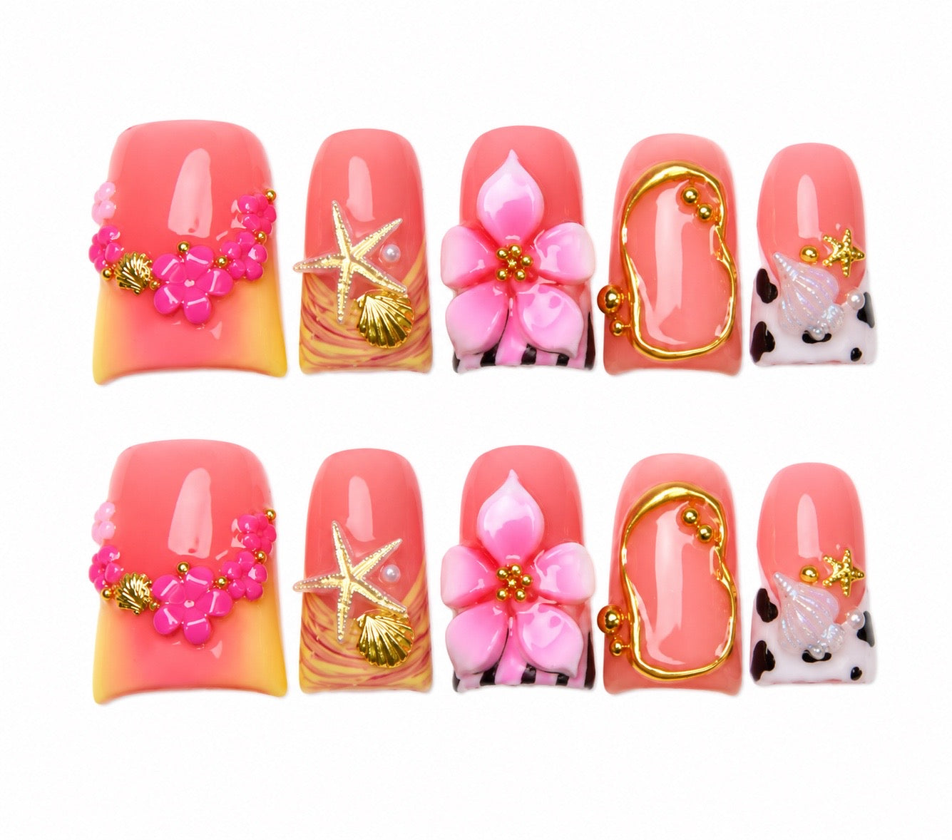 Pink Tide - Flower Starfish Short Flare Press On Nails