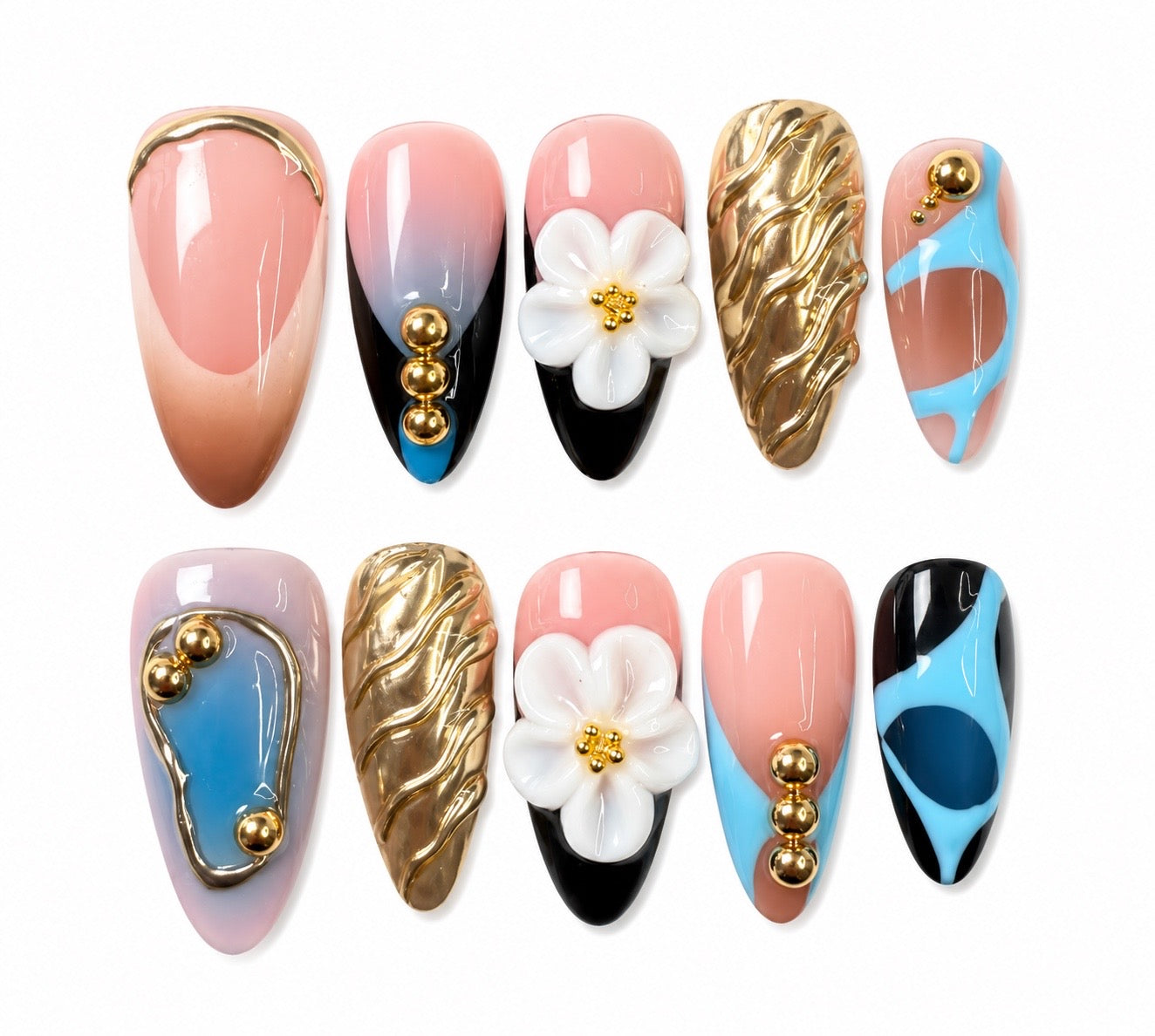 Skye- Trendy Press On Nails Gold Accents Floral 3D Medium Length