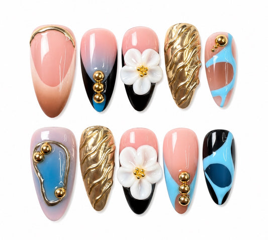 Skye- Trendy Press On Nails Gold Accents Floral 3D Medium Length