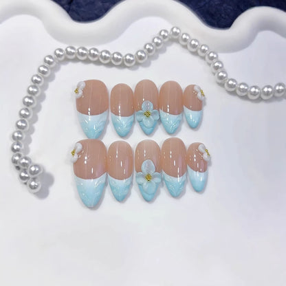 Ocean Breeze: "Blue Floral French" – Almond Press-On Nail