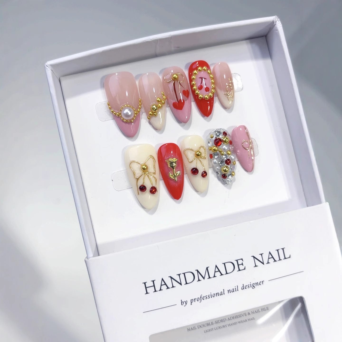 Cherry Rose Gala: "Festive Bow & Bloom" – Almond Press-On Nails