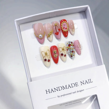 Cherry Rose Gala: "Festive Bow & Bloom" – Almond Press-On Nails