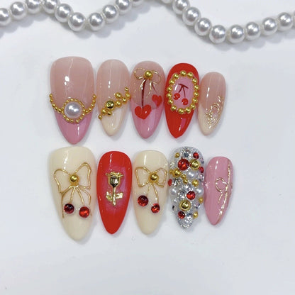 Cherry Rose Gala: "Festive Bow & Bloom" – Almond Press-On Nails