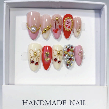 Cherry Rose Gala: "Festive Bow & Bloom" – Almond Press-On Nails