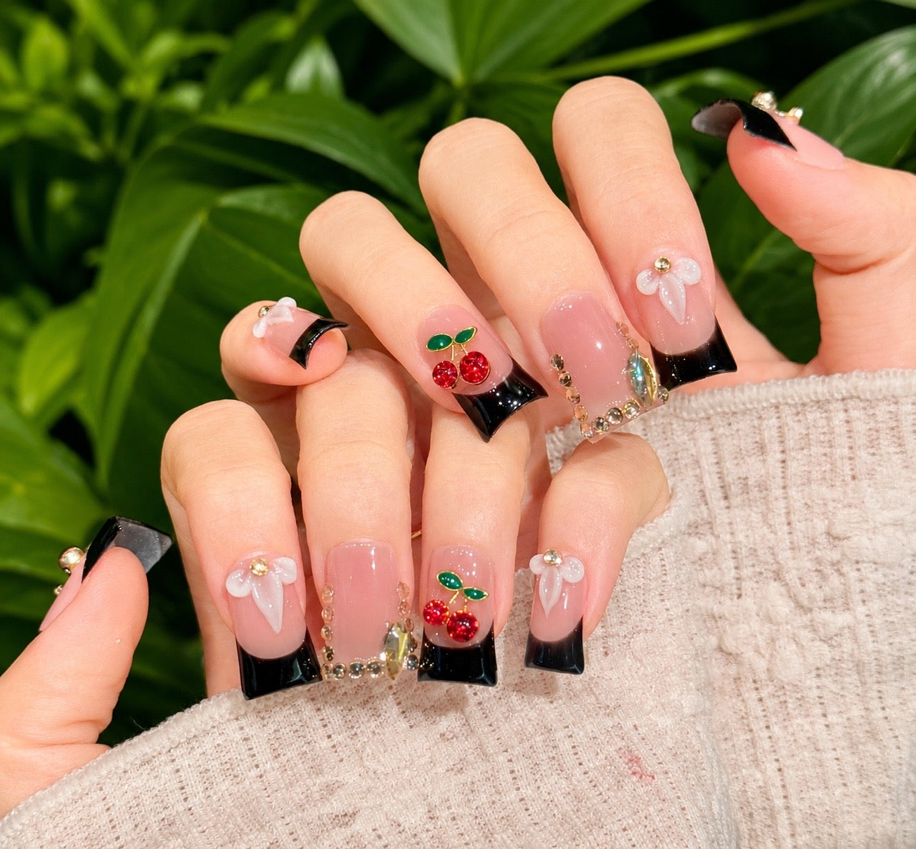 Cherry Bomb Babe - Black French Floral - Flare Handmade Press On Nails