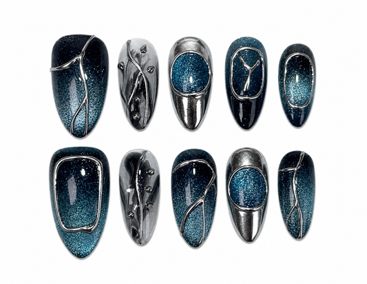 Nova – Midnight Chrome Aura Medium Length Almond Press-On Nails