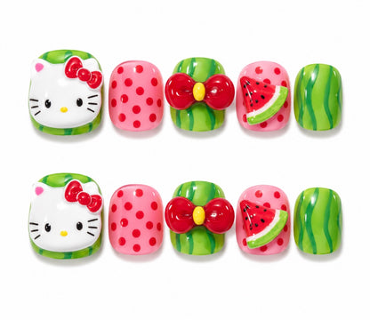KIDS Collection: Watermelon Hello Kitty - short round handmade kids press on nails