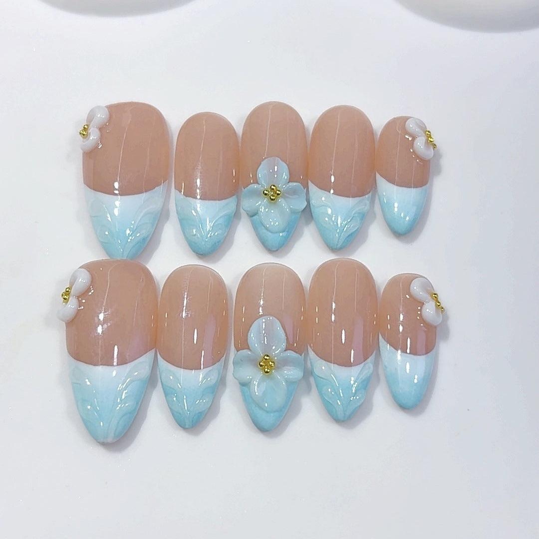 Ocean Breeze: "Blue Floral French" – Almond Press-On Nail
