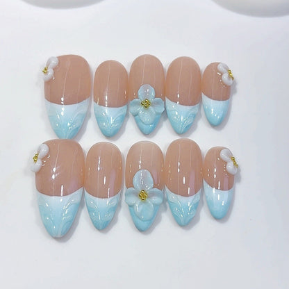 Ocean Breeze: "Blue Floral French" – Almond Press-On Nail