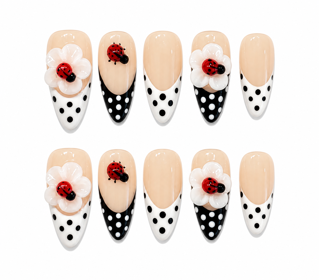 Lida- Ladybug Polka French Medium Length Almond Press On Nails