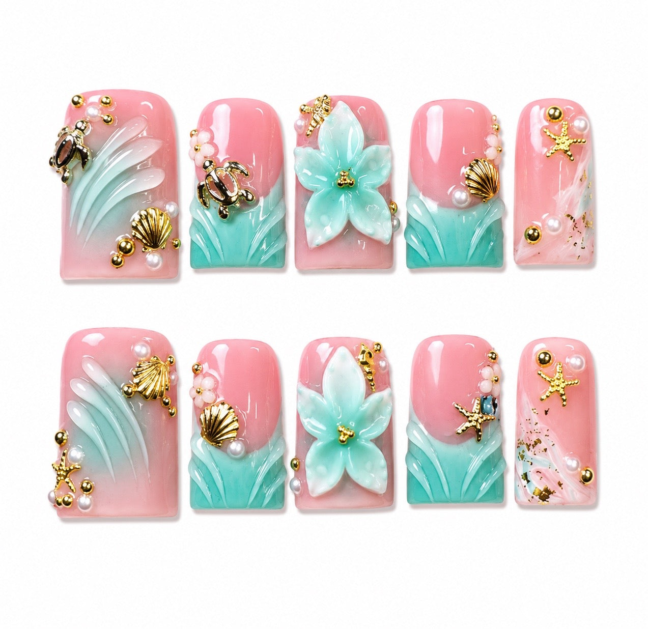 Malia Aqua- Tropical 3D Flowers Flare Short Press On Nails