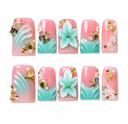 Malia Aqua- Tropical 3D Flowers Flare Short Press On Nails