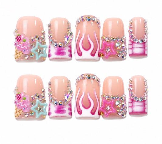 Sweet Spice- Y2K Ice Cream Flame Square Press On Nails