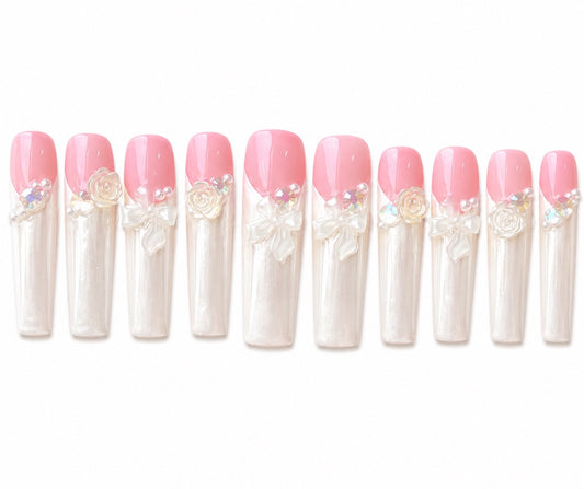 Bridal Bae– Extra Long Square 3D Floral French Handmade Press on Nails