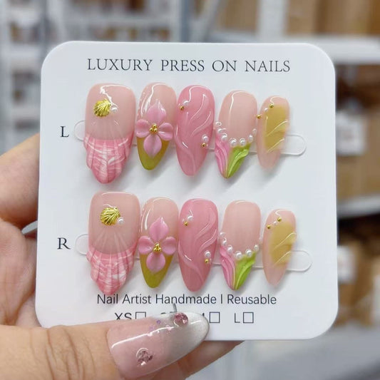 Mermaid Shell Floral: "Pink & Pearl" – Almond Press-On Nails