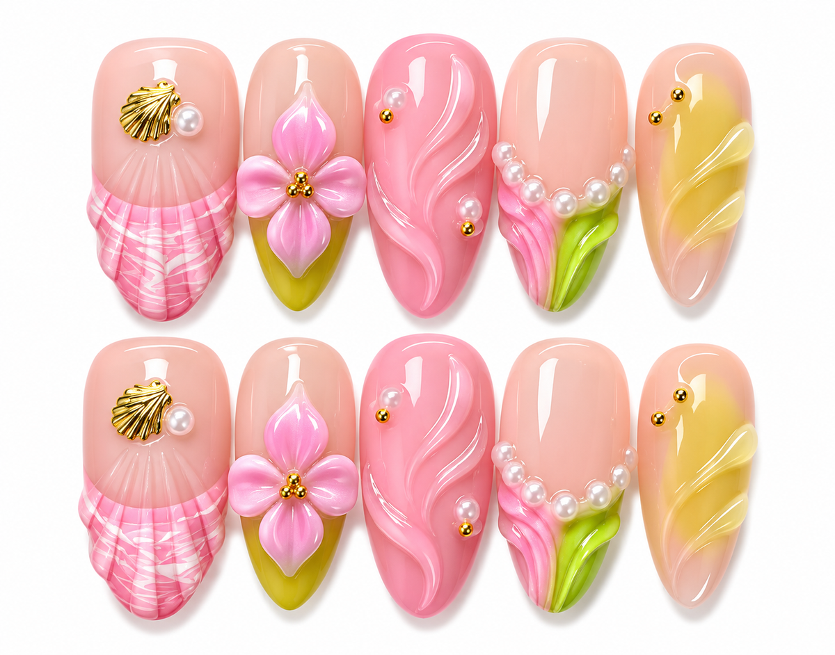 Mermaid Shell Floral: "Pink & Pearl" – Almond Press-On Nails