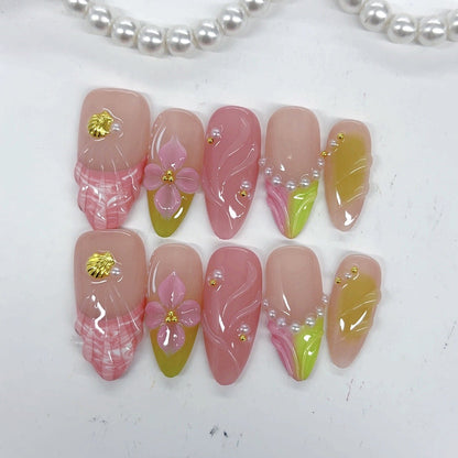 Mermaid Shell Floral: "Pink & Pearl" – Almond Press-On Nails