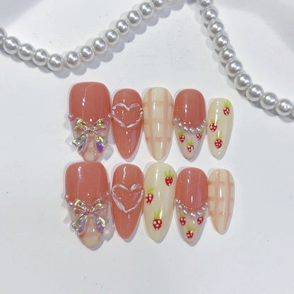 Sweetheart Romance: "Strawberry Bow Heart" – Almond Shape Handmade Press-Ons
