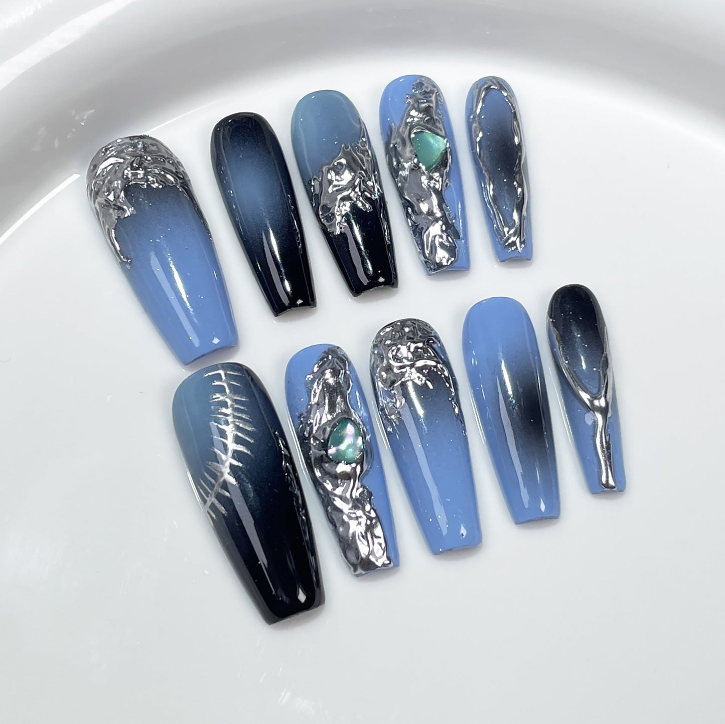 Nova Chrome- 
Airbrushed Long Nails Metallic Press On Nails