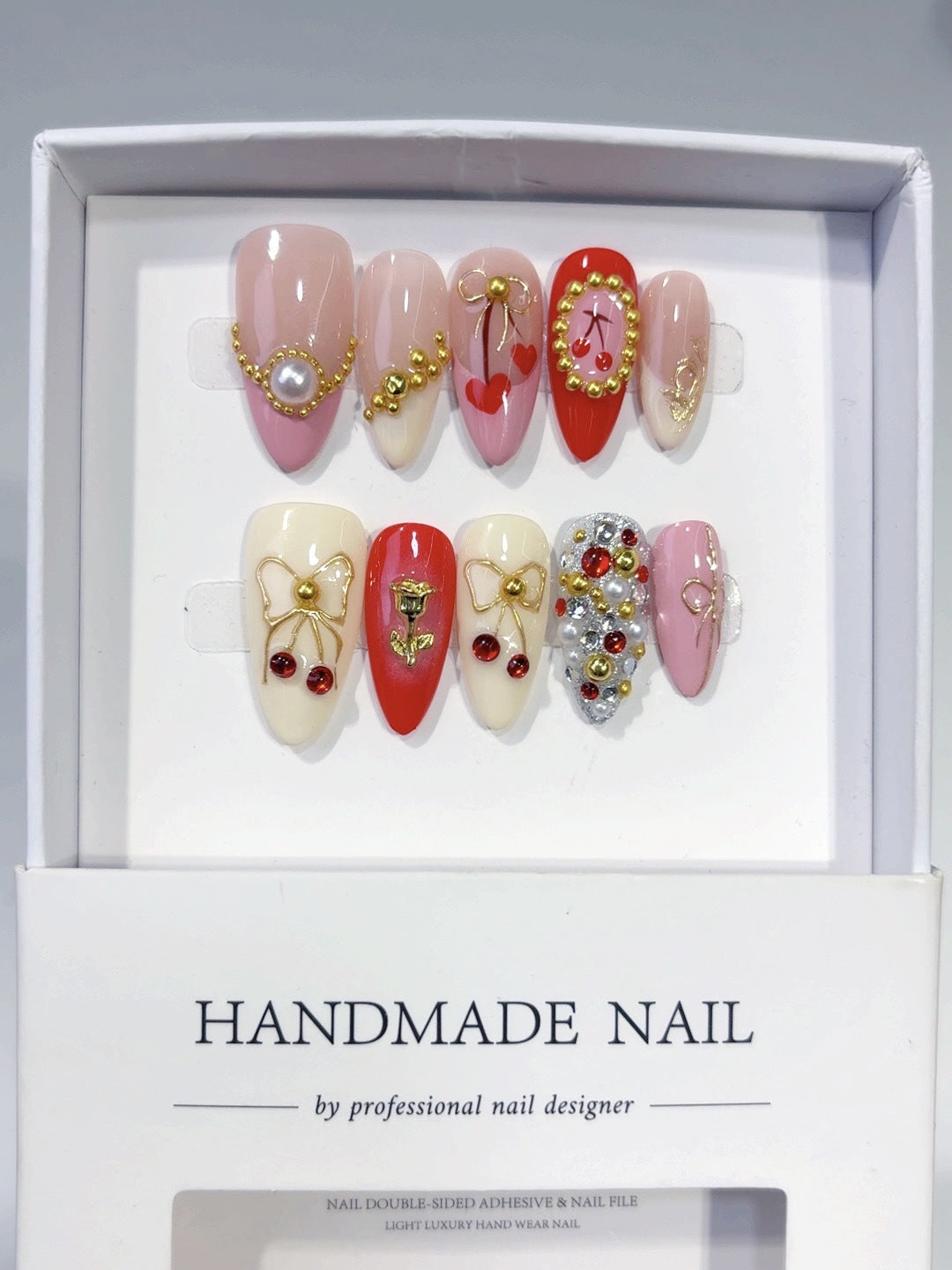 Cherry Rose Gala: "Festive Bow & Bloom" – Almond Press-On Nails