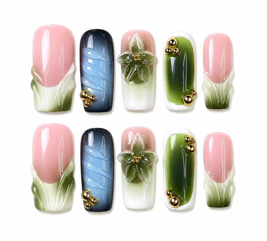 Sage- Medium Length Square French 3D Press On Nails