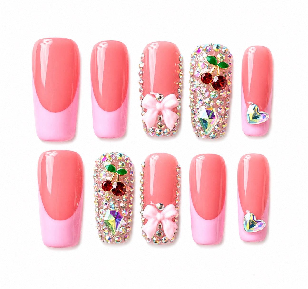 Cherry Pop - Blush French Cherry & Bows Long Length Square Press-On Nails