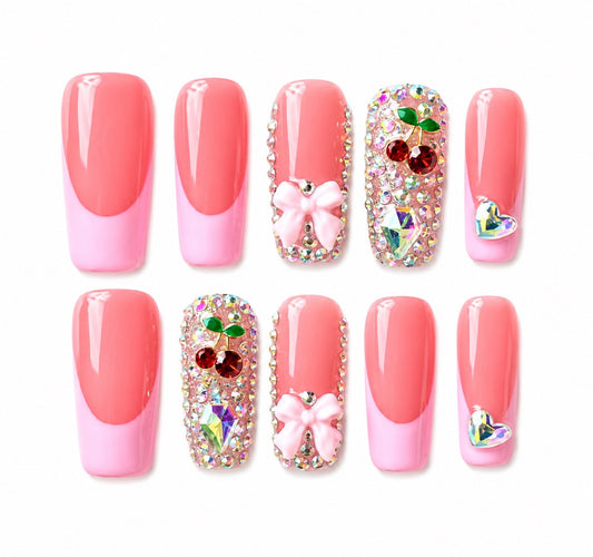 Cherry Pop - Blush French Cherry & Bows Long Length Square Press-On Nails