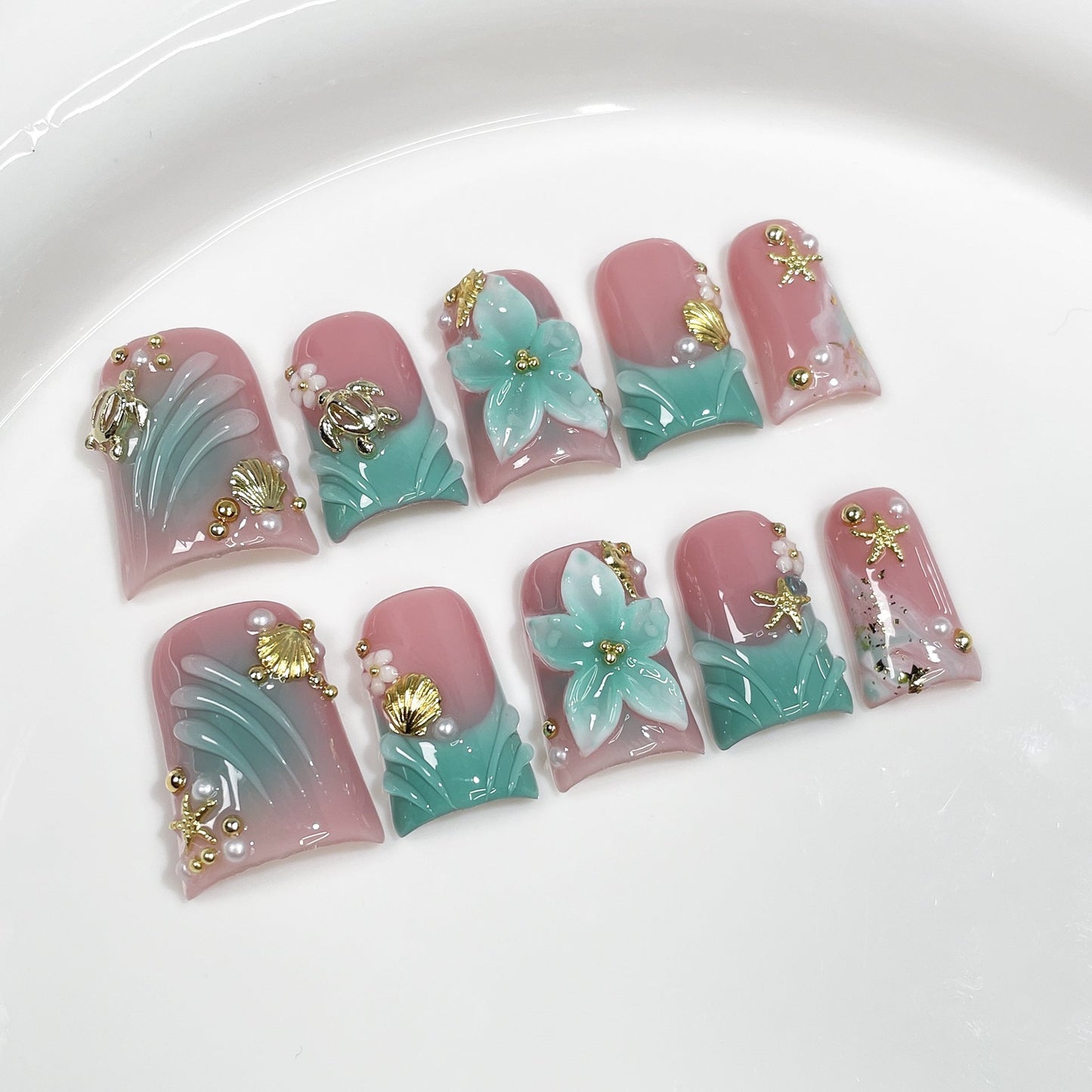 Malia Aqua- Tropical 3D Flowers Flare Short Press On Nails