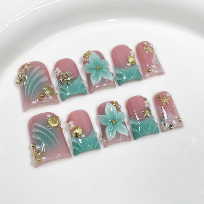 Malia Aqua- Tropical 3D Flowers Flare Short Press On Nails