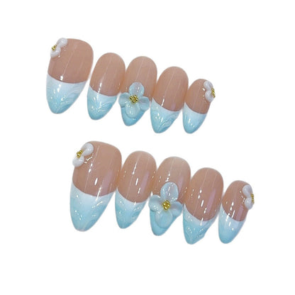 Ocean Breeze: "Blue Floral French" – Almond Press-On Nail