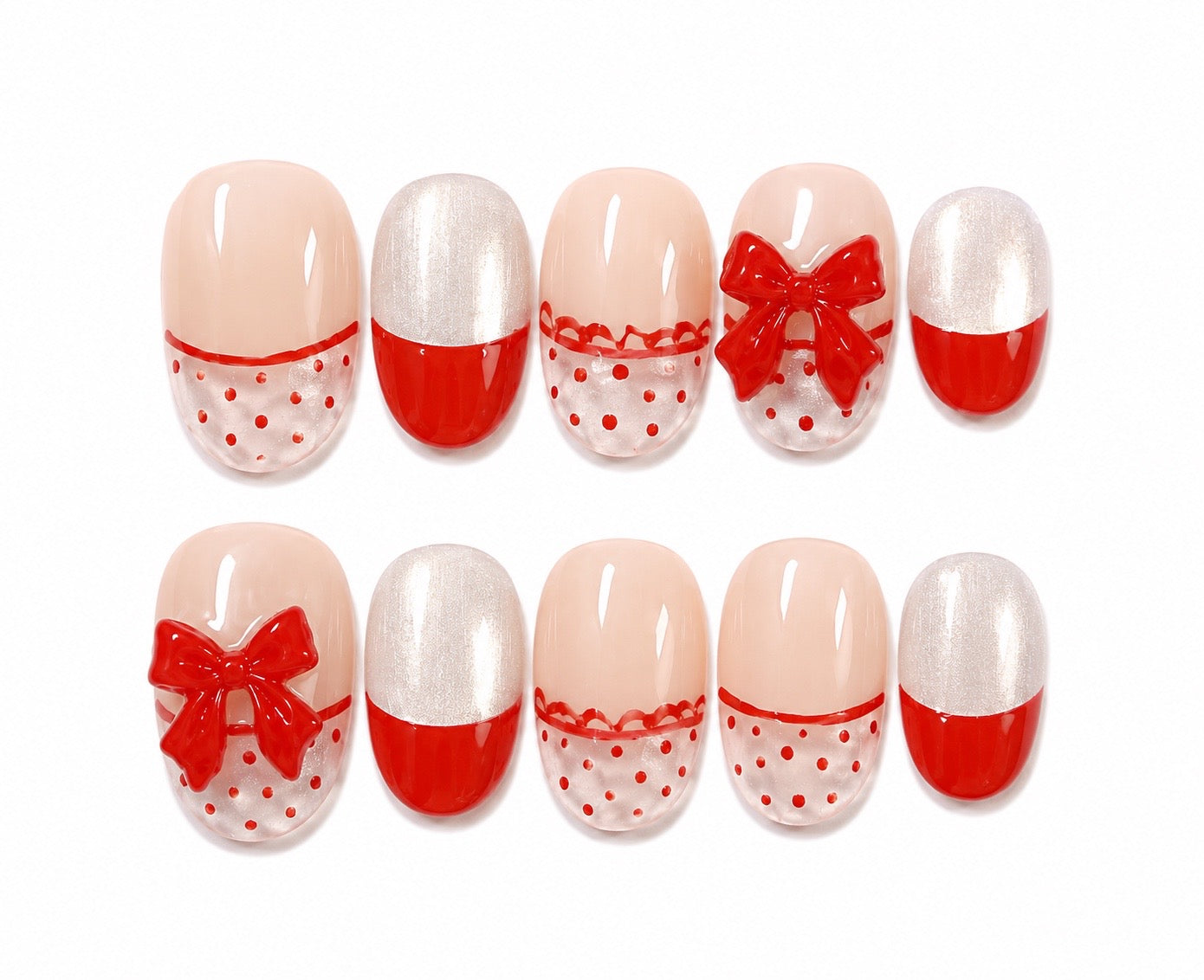 Cherry Dot- Lace Bow Short Round Press-On Nails