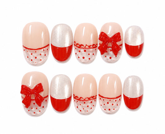 Cherry Dot- Lace Bow Short Round Press-On Nails