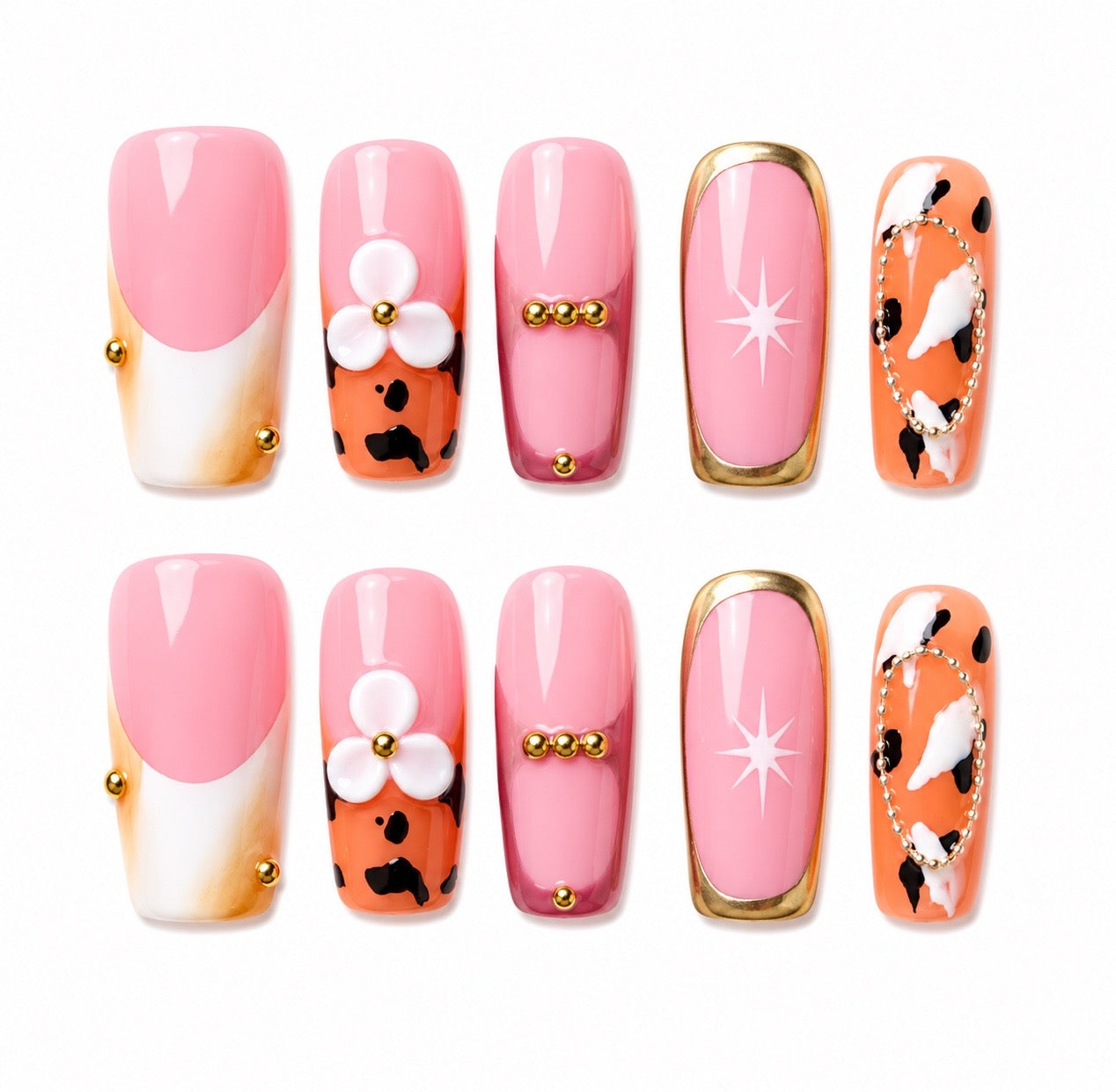 Maggie - Peach Cow Print Long Length Square Press-On Nails