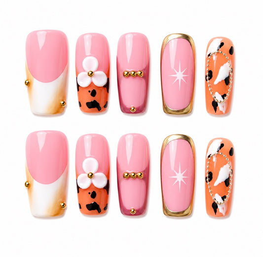 Maggie - Peach Cow Print Long Length Square Press-On Nails