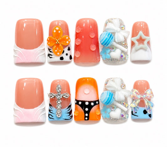 Candy Crush– 3D Y2K Flare Press On Short Square Nails