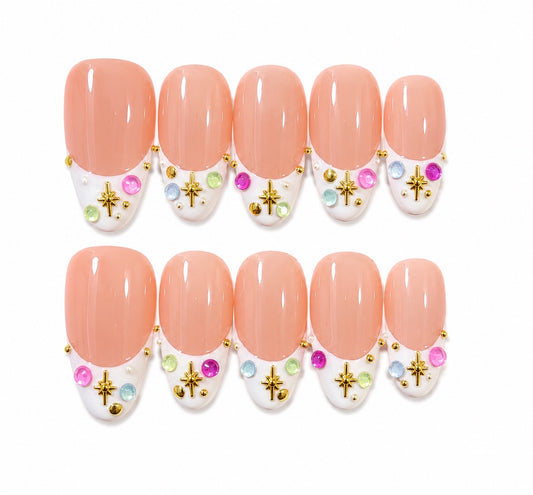Sugar Rush– Almond French Colorful Rhinestone Press-On Nails