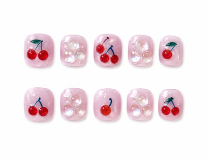 KIDS Collection: Cherries– short round handmade kids press-on nails