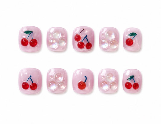 KIDS Collection: Cherries– short round handmade kids press-on nails