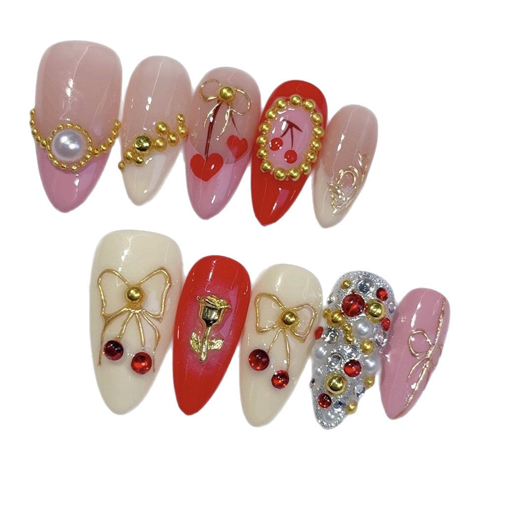 Cherry Rose Gala: "Festive Bow & Bloom" – Almond Press-On Nails