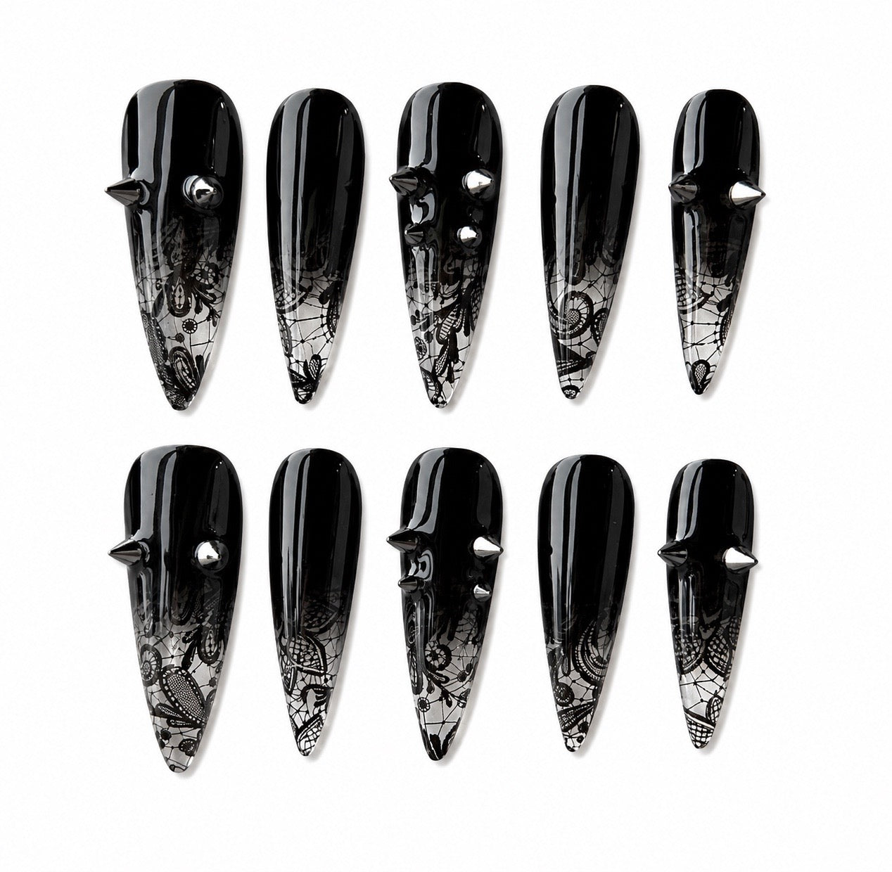 Vanta Goth – Black Ombre Floral Lace Overlay & Silver Cone Spikes Long Stiletto Press On Nails