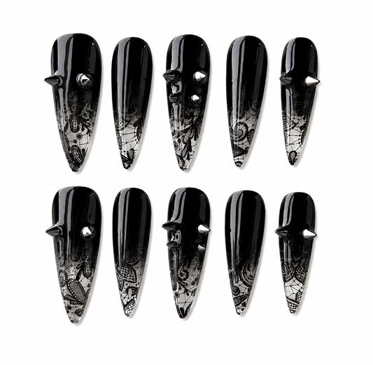 Vanta Goth – Black Ombre Floral Lace Overlay & Silver Cone Spikes Long Stiletto Press On Nails