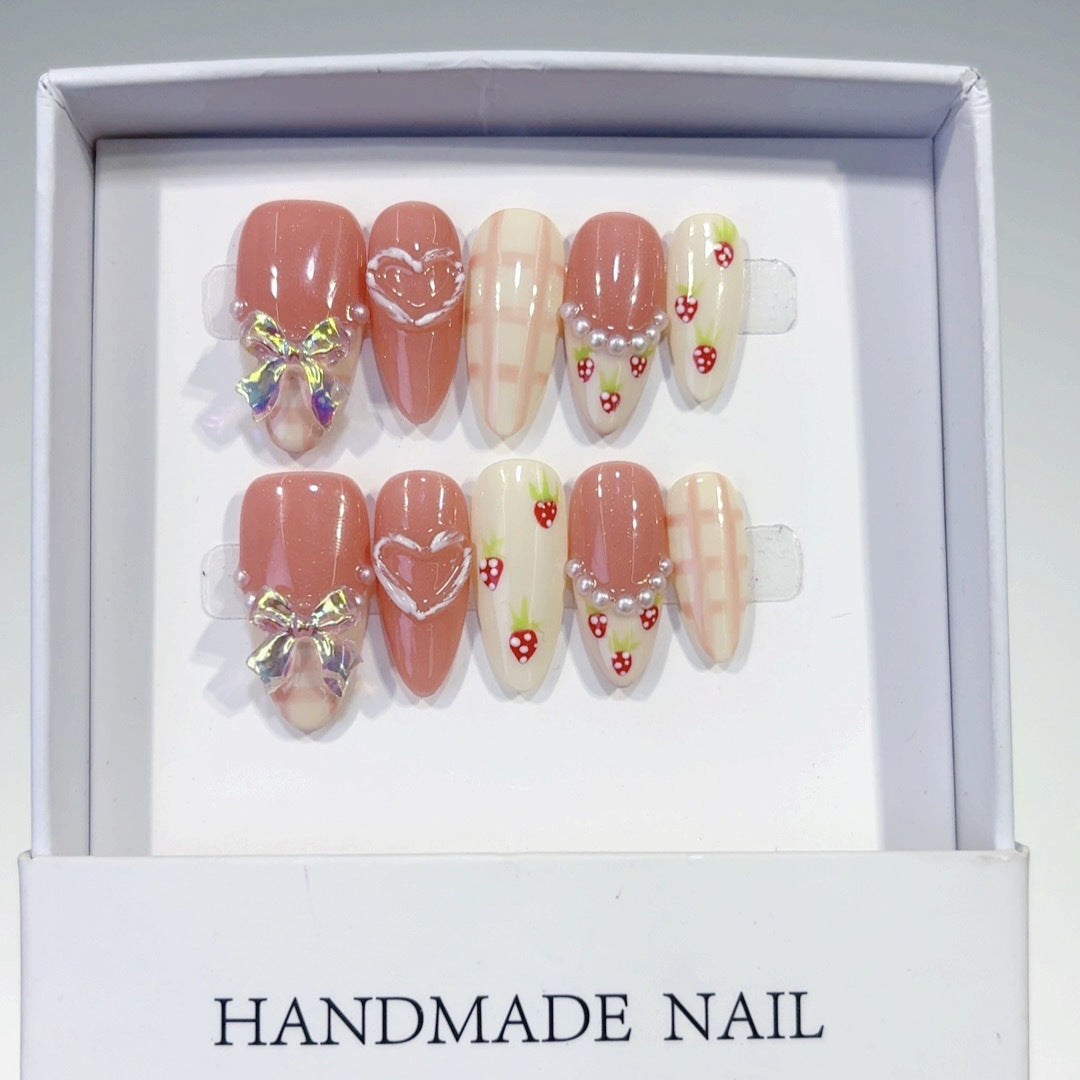 Sweetheart Romance: "Strawberry Bow Heart" – Almond Shape Handmade Press-Ons