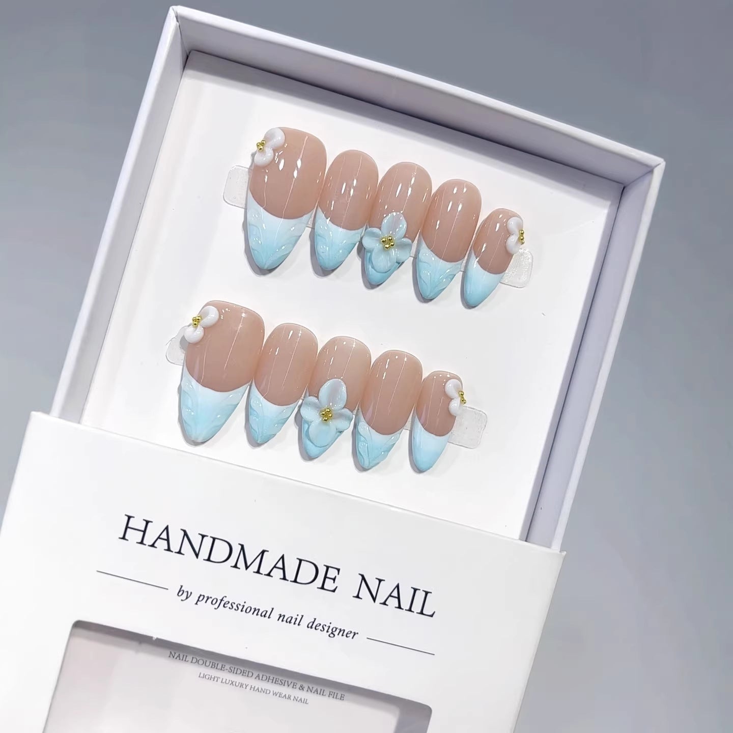 Ocean Breeze: "Blue Floral French" – Almond Press-On Nail