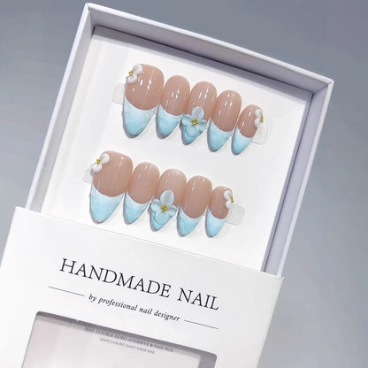 Ocean Breeze: "Blue Floral French" – Almond Press-On Nail